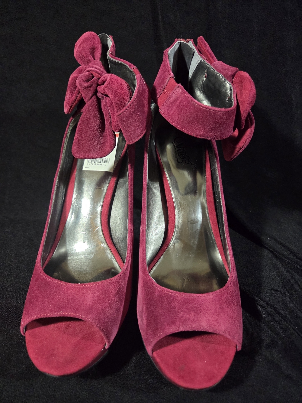 Carlos Santana Libation Wine Suede Peep-Toe Ankle Strap Heels with Bow
